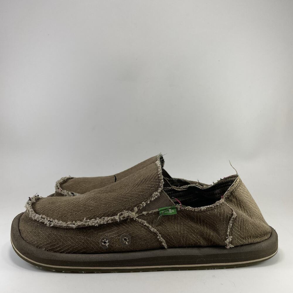 Sanuk Vagabond Tan Canvas Slip On Sidewalk Surfer Shoes Mens Size 12 Loafers - Picture 3 of 11